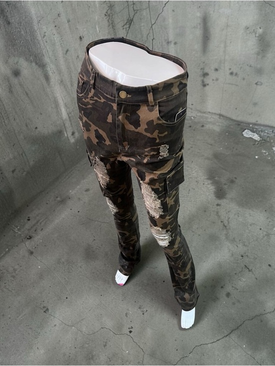Denim - Camo Distressed Cargo stacked Skinny Jeans - Brown/Green